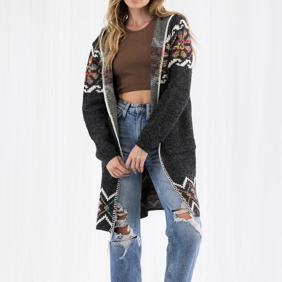 Western Cowichan Inspired Tribal Print Hooded Cardigan - Picture 2 of 11